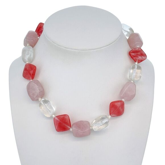 Chunky Cherry Rose Clear Quartz Bead Necklace | Sterling Silver 925 | 16" - Picture 1 of 5